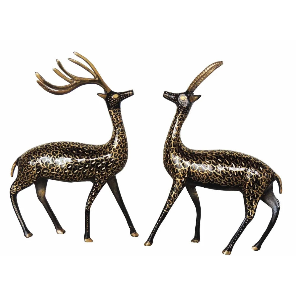 Brass Deer Pair Statue with Black Finish – Elegant Showpiece for Modern Home Decor