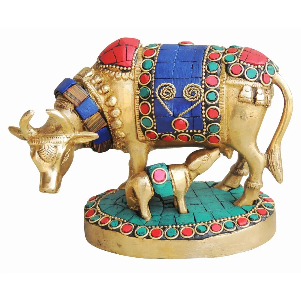 Brass Cow with Stone Work Statue – Handcrafted Kamdhenu Idol for Prosperity and Peace