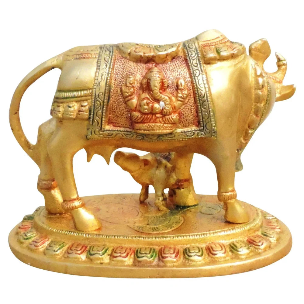 Brass Cow with Calf Statue – Handcrafted Kamdhenu Showpiece for Home Decor