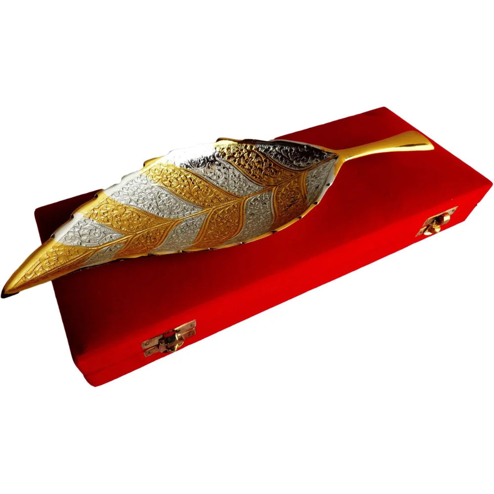Brass Decorative Neem Leaf Two Tone Platter – Handcrafted Festive Gift