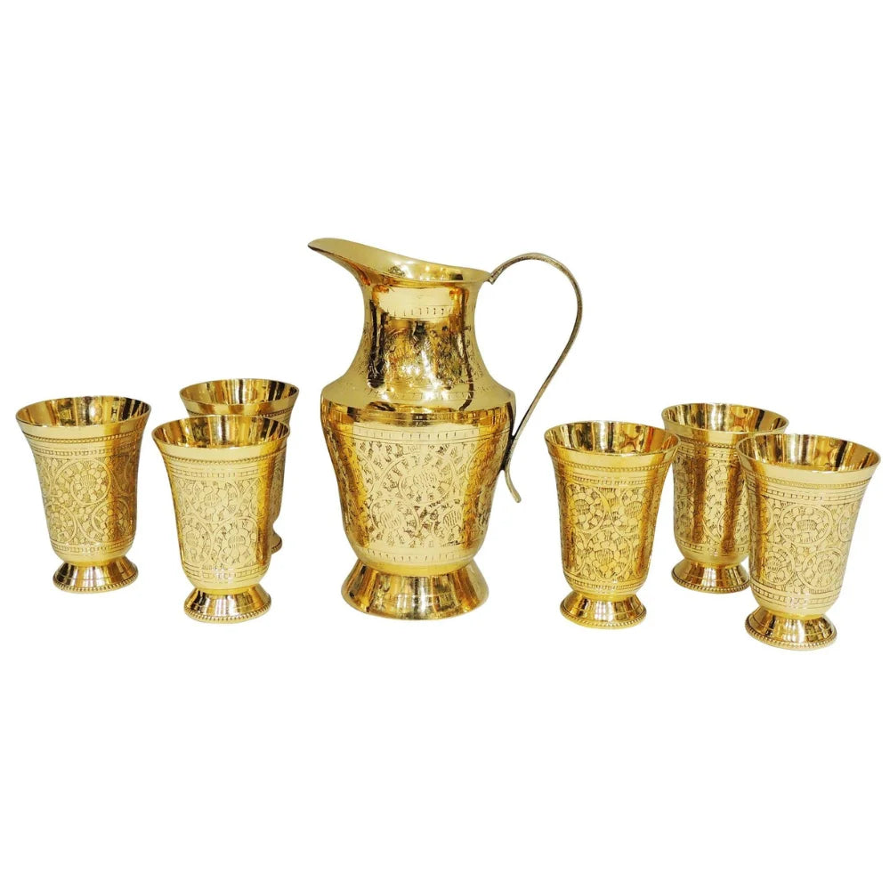 Handcrafted Brass Jug and Glass Set 1 Jug with 6 Glasses for Refreshing Drinks