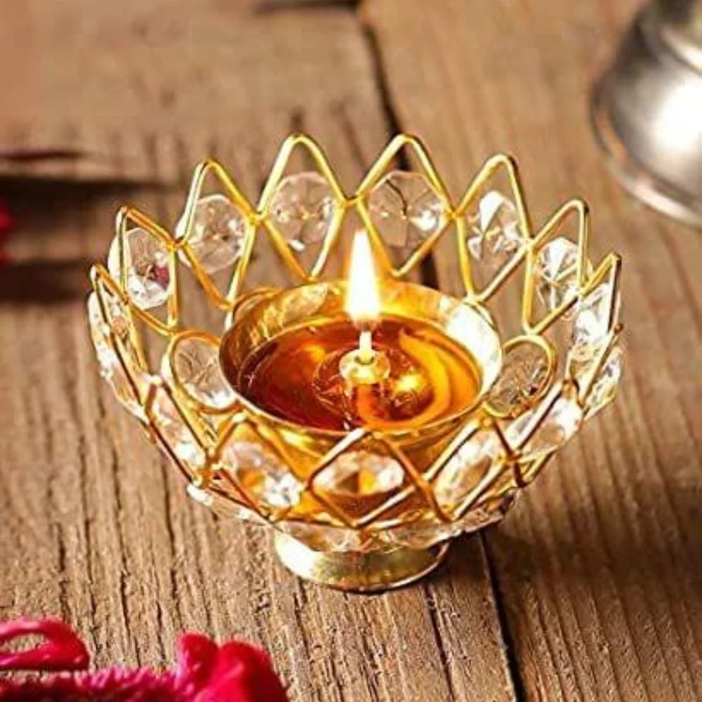 Brass Table Decor Oil Lamp Deepak With Crystal for Puja and Home Lighting