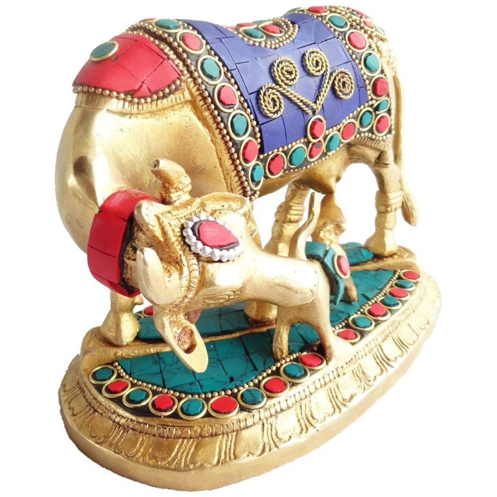 Brass Cow and Calf Stone Work Statue – Handcrafted Decorative Showpiece