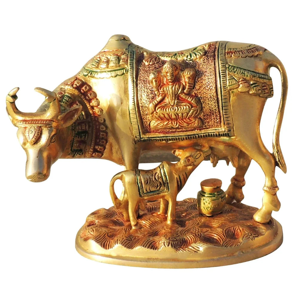 Brass Cow with Calf Statue – Handcrafted Kamdhenu Showpiece for Home Decor