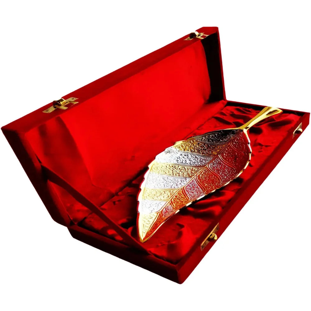 Brass Decorative Neem Leaf Two Tone Platter – Handcrafted Festive Gift