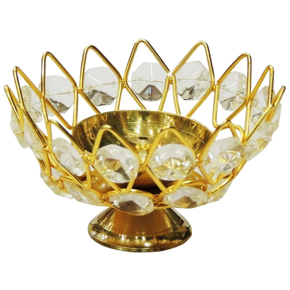 Brass Table Decor Oil Lamp Deepak With Crystal for Puja and Home Lighting