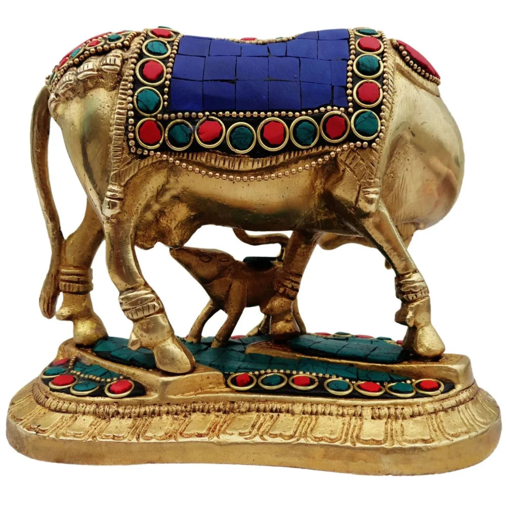 Brass Cow and Calf Stone Work Statue – Handcrafted Decorative Showpiece