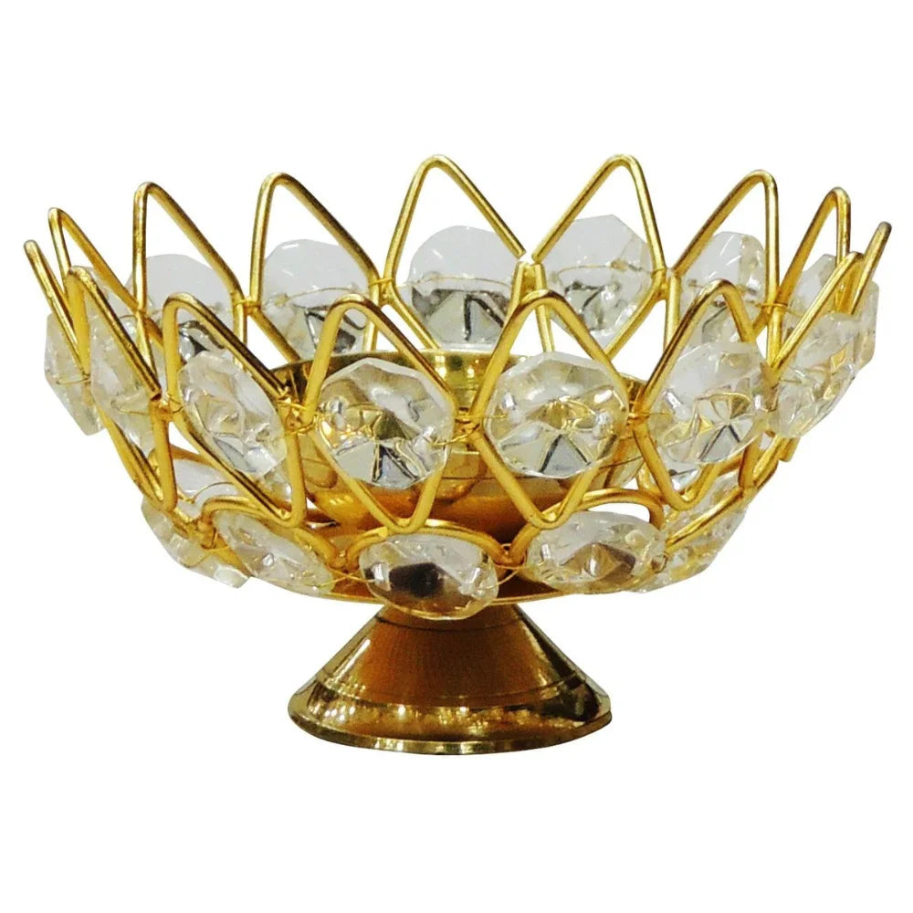 Brass Table Decor Oil Lamp Deepak With Crystal for Puja and Home Lighting
