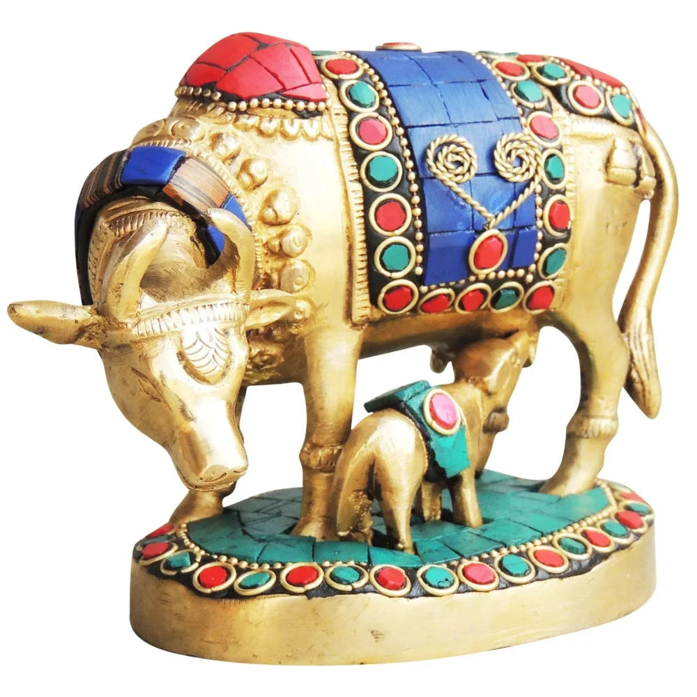Brass Cow with Stone Work Statue – Handcrafted Kamdhenu Idol for Prosperity and Peace