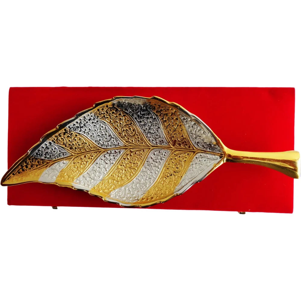Brass Decorative Neem Leaf Two Tone Platter – Handcrafted Festive Gift