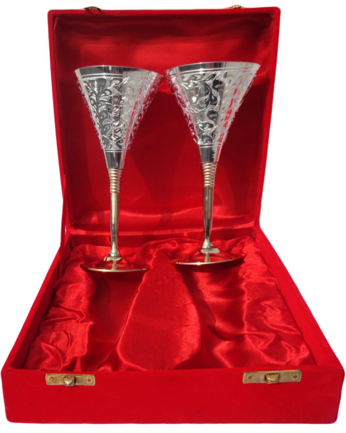 Brass Goblet 2 Pcs Horn Design with Silver Finish Premium Drinkware Gift
