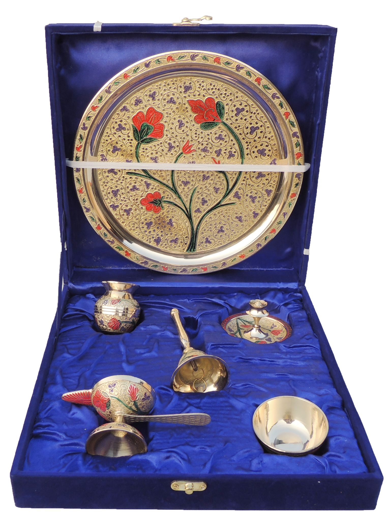 Brass Puja Thali Set with Velvet Box – Traditional Worship Set for Home Temple