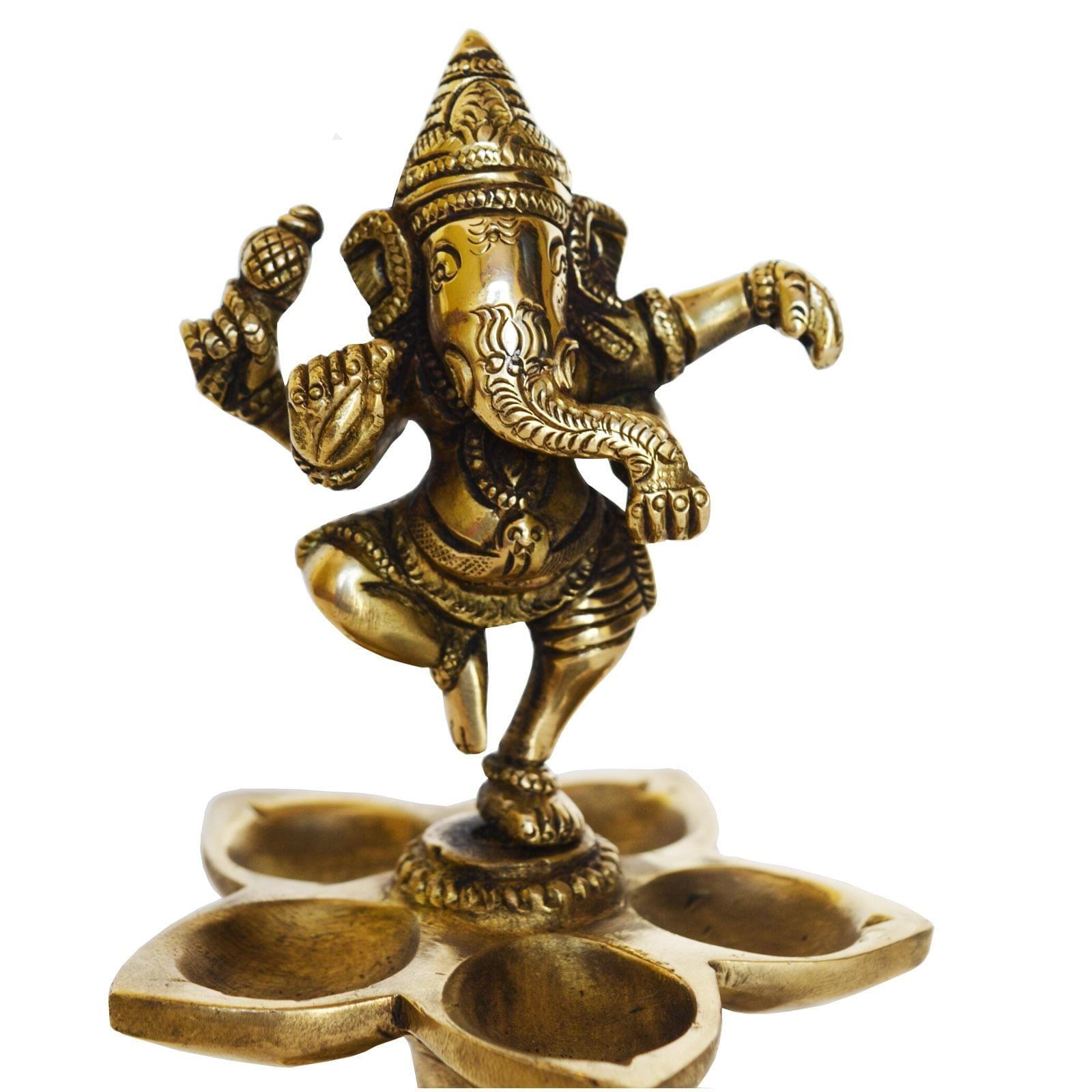 Brass Dancing Lord Ganesh Oil Lamp Deepak with 5 Wicks – Auspicious Pooja Decor