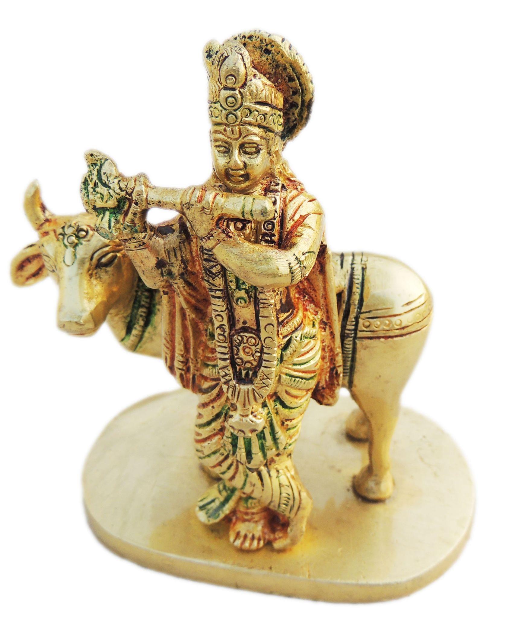 Brass Krishna with Cow Idol Handcrafted Lord Krishna Statue for Love and Prosperity