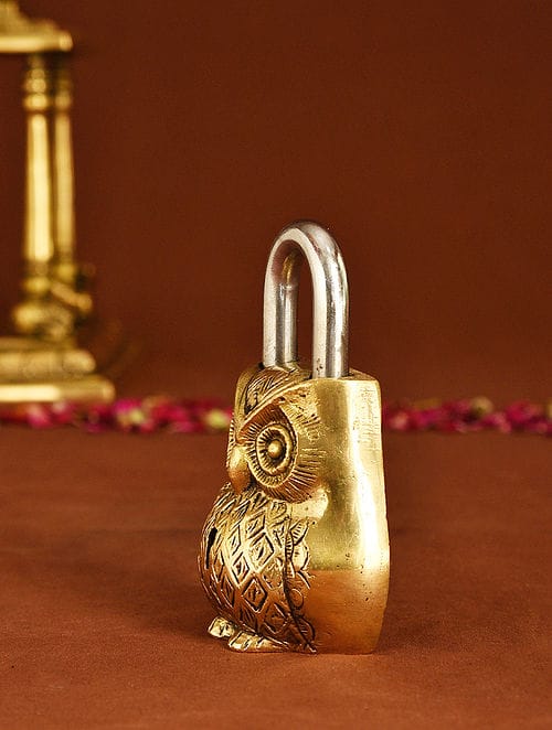 Brass Owl Shape Lock Antique Working Showpiece for Home Decor