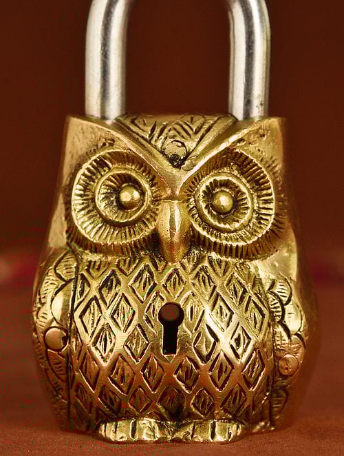 Brass Owl Shape Lock Antique Working Showpiece for Home Decor