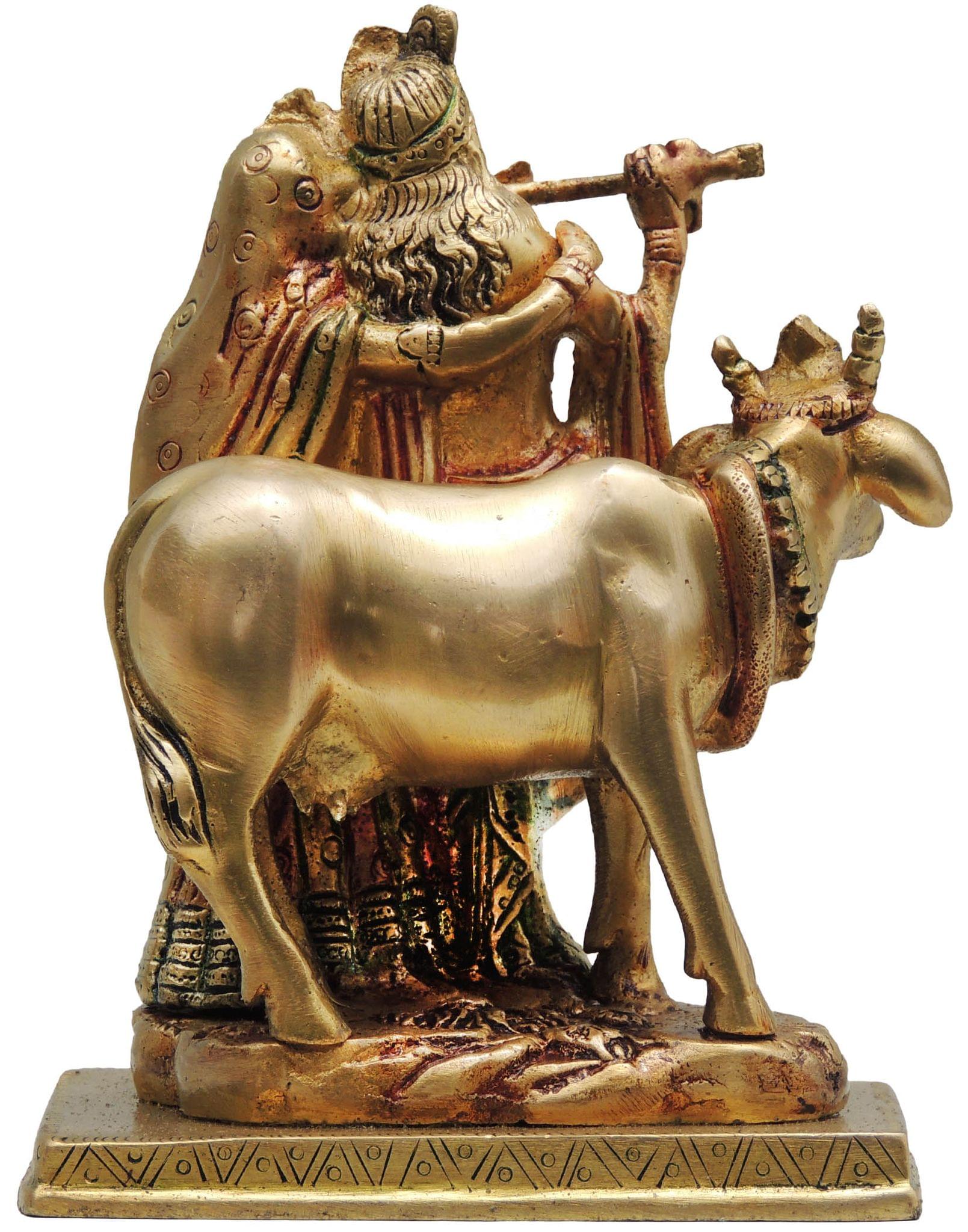 Brass Radha Krishna with Cow God Idol Statue – Handcrafted Divine Love Showpiece