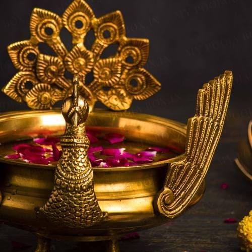 Hand Carved Brass Peacock Urli Pot – Festive Decorative Centerpiece for Home