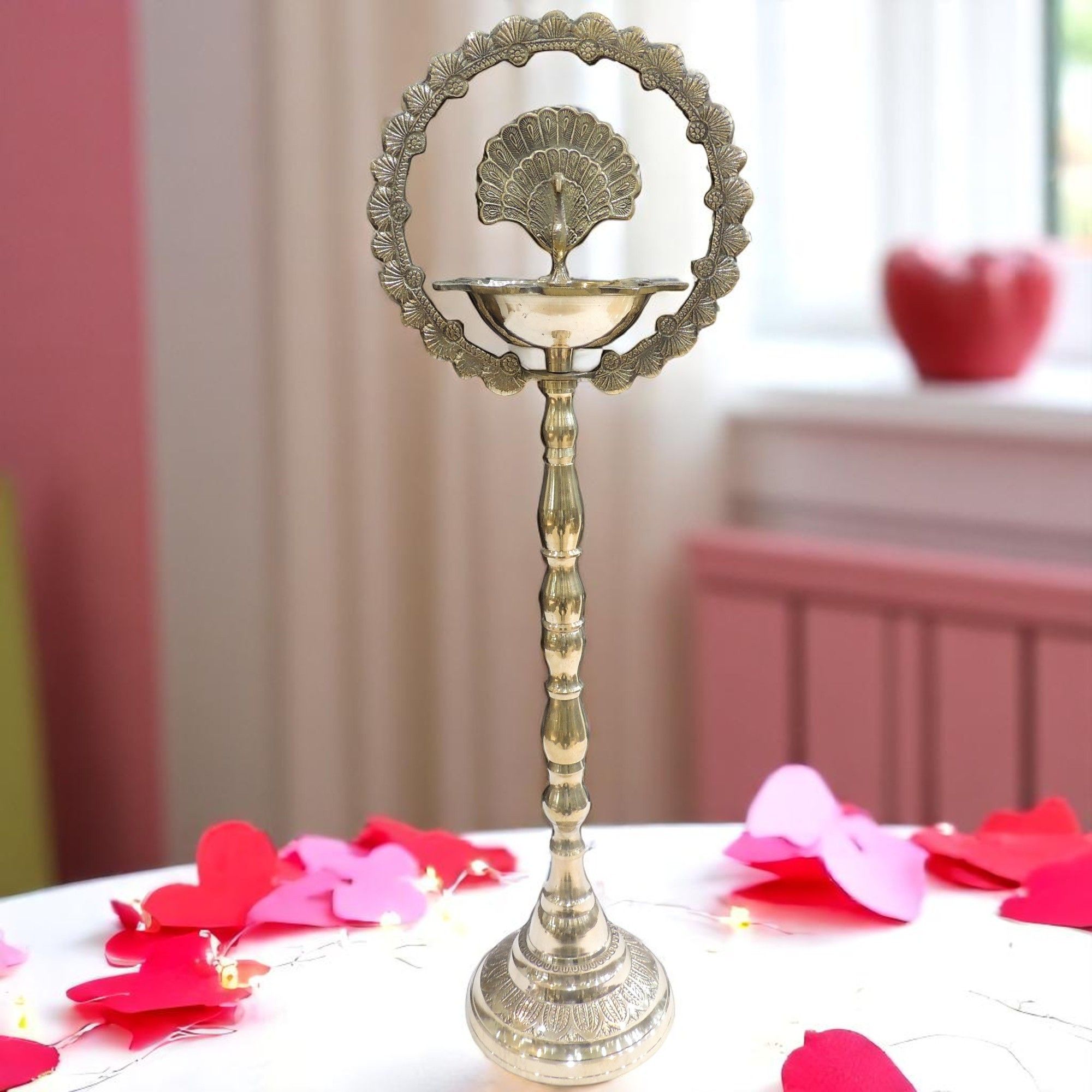 Brass Peacock Deepak Stand – Elegant Table Decor Oil Lamp Showpiece
