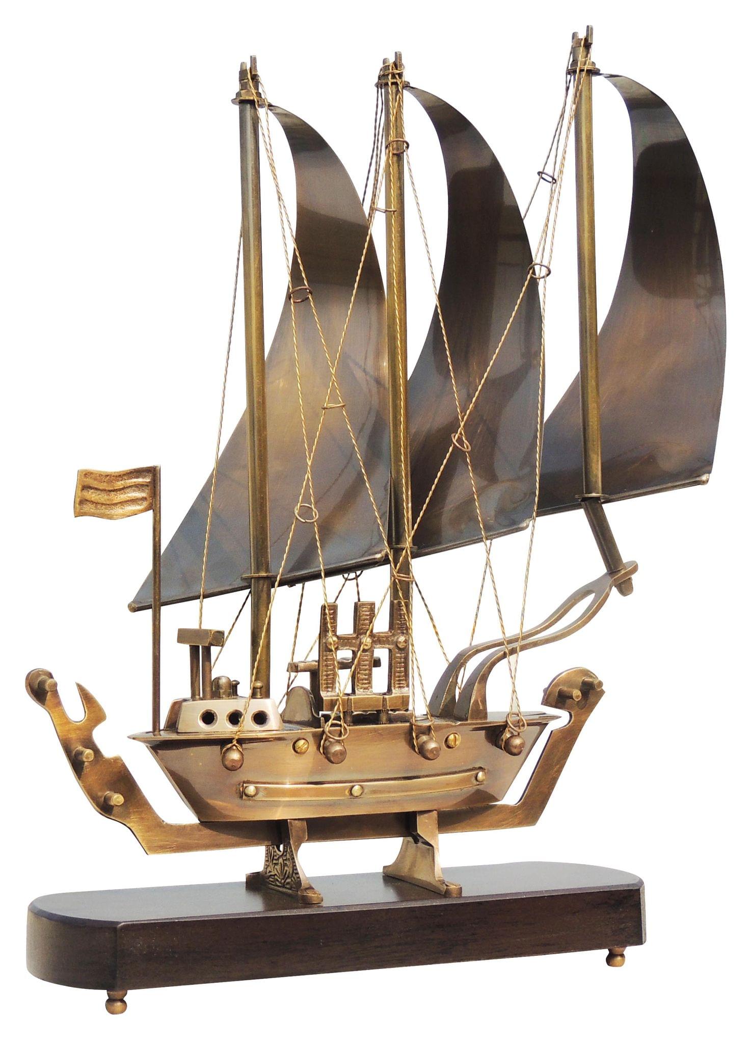 Brass Ship Showpiece with Wooden Base – Handcrafted Table Decor for Office and Home