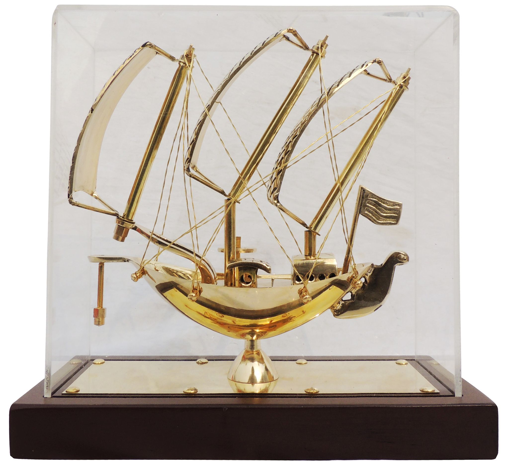 Brass Ship Showpiece with Wooden Stand and Protective Display Case