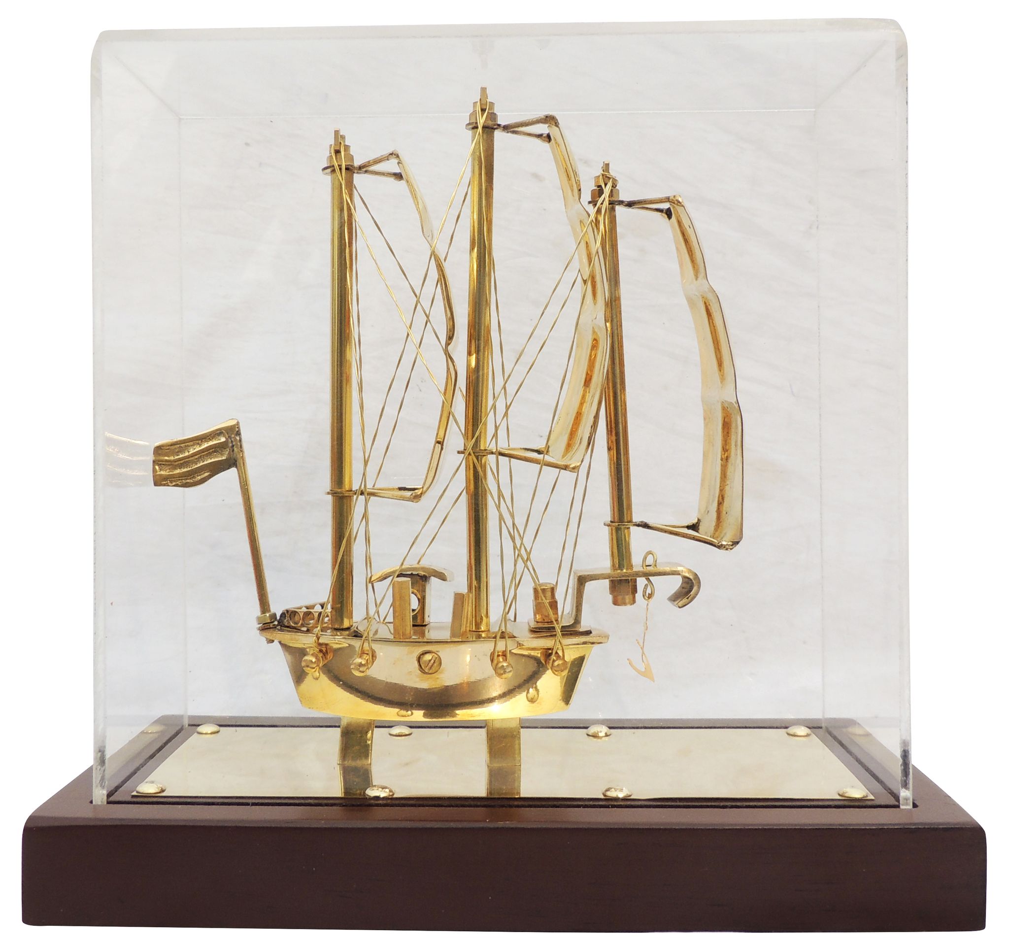 Brass Ship Showpiece with Wooden Stand and Protective Display Case