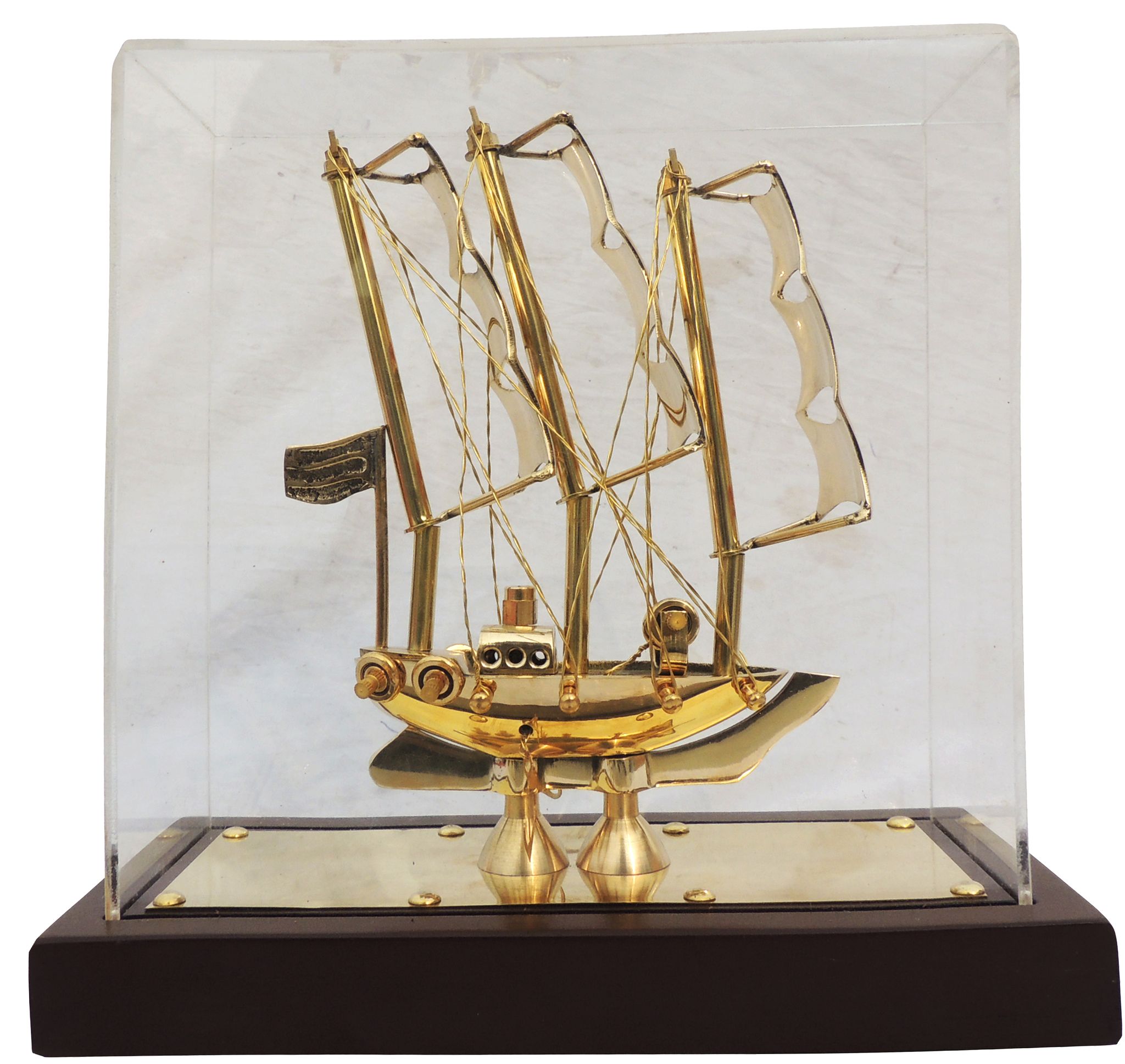 Brass Ship Showpiece with Wooden Stand and Protective Display Case