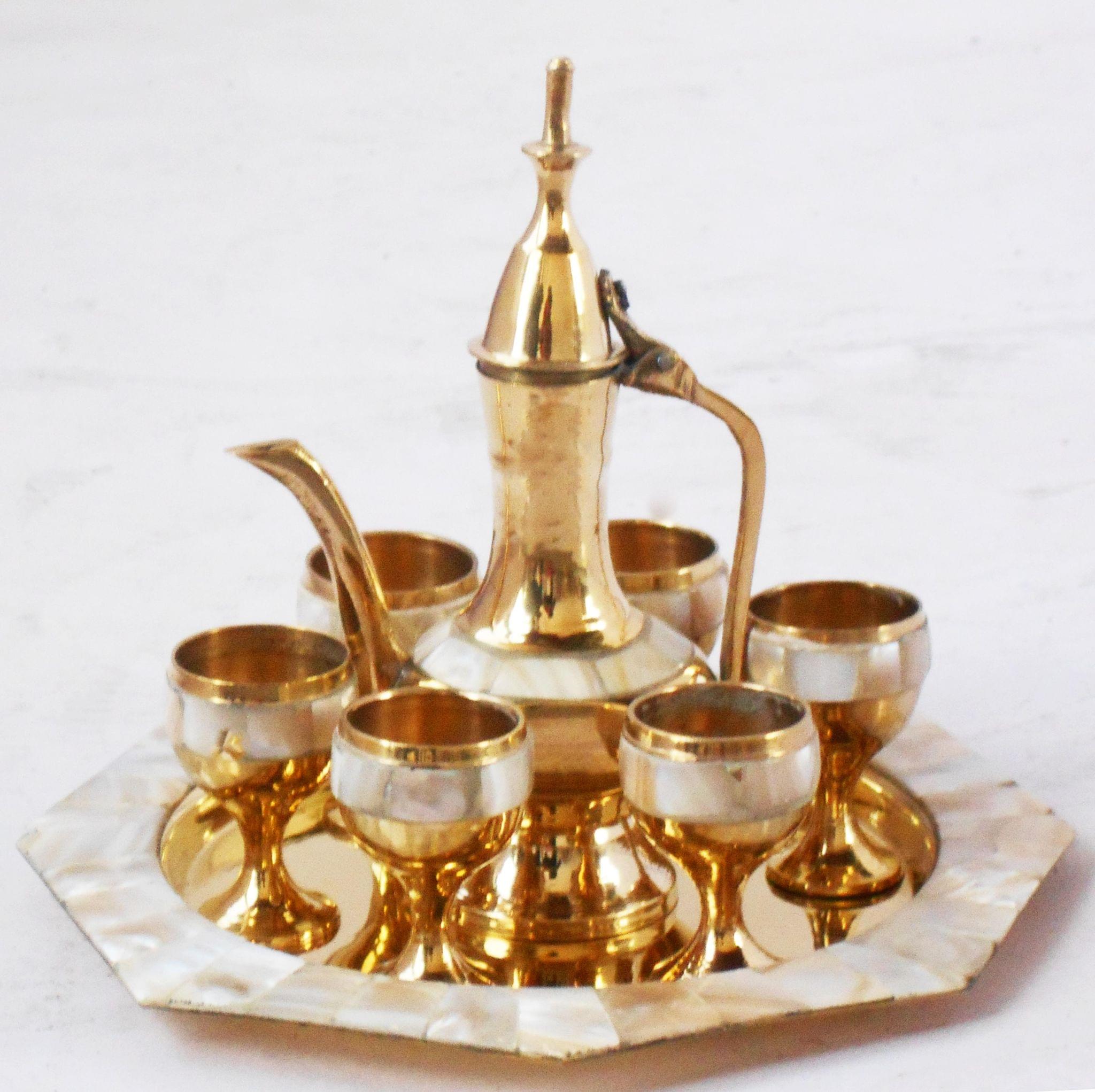 Miniature Brass Wine Set with Seep Work 6 Glasses 1 Surahi 1 Tray for Kids Play